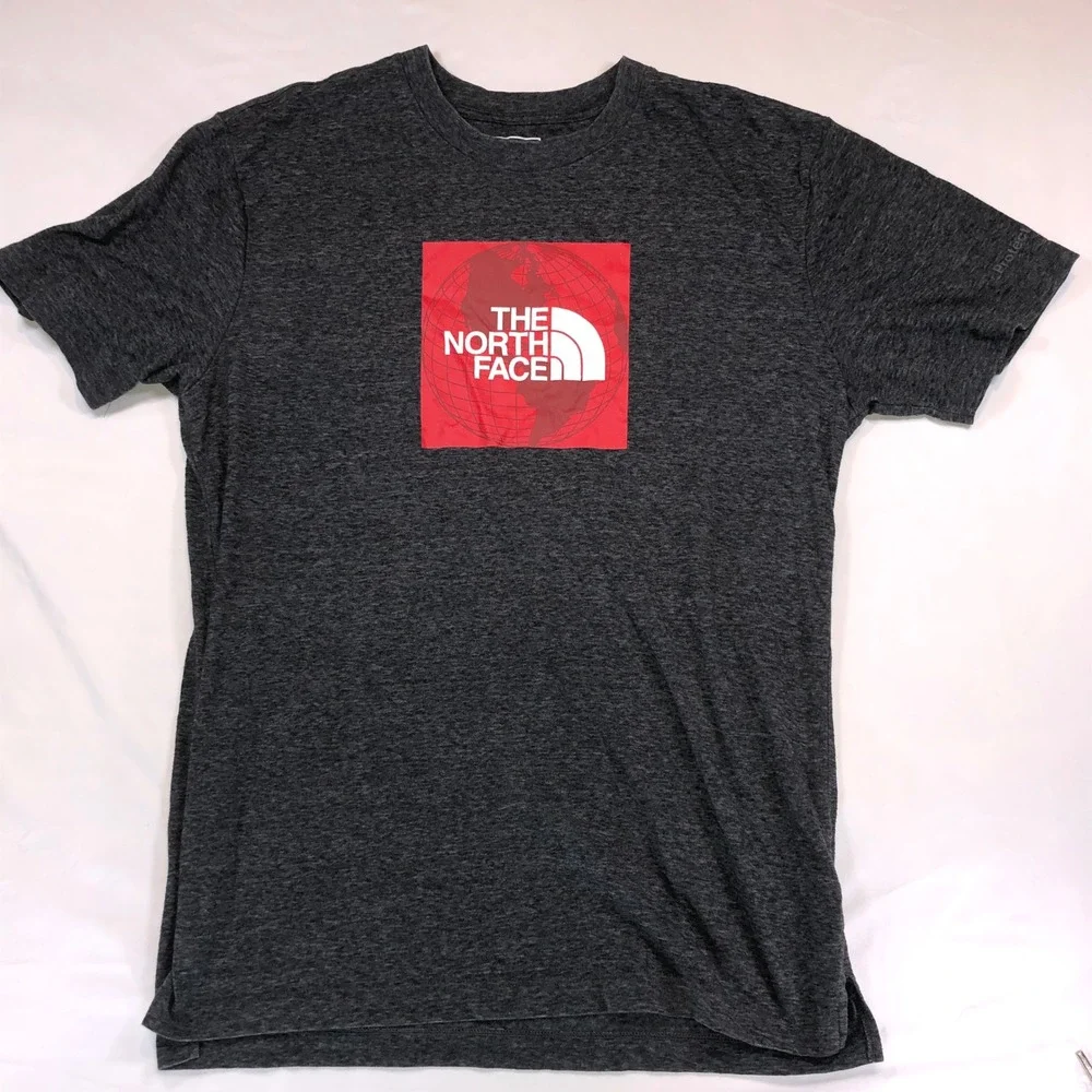 The North Face Mens Graphic T-Shirt Medium Charcoal Grey Red Box Logo Globe Tee